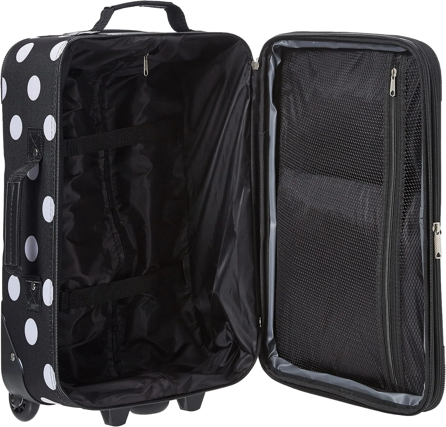 Rockland Fashion Softside Upright Luggage Set,Expandable, Telescopic Handle, Wheel, Black Dot, 2-Piece (14/19)
