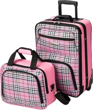 Rockland Fashion Softside Upright Luggage Set,Expandable,Lightweight,Telescopic Handle,Wheel, Pink Cross, 2-Piece Set (14/19)