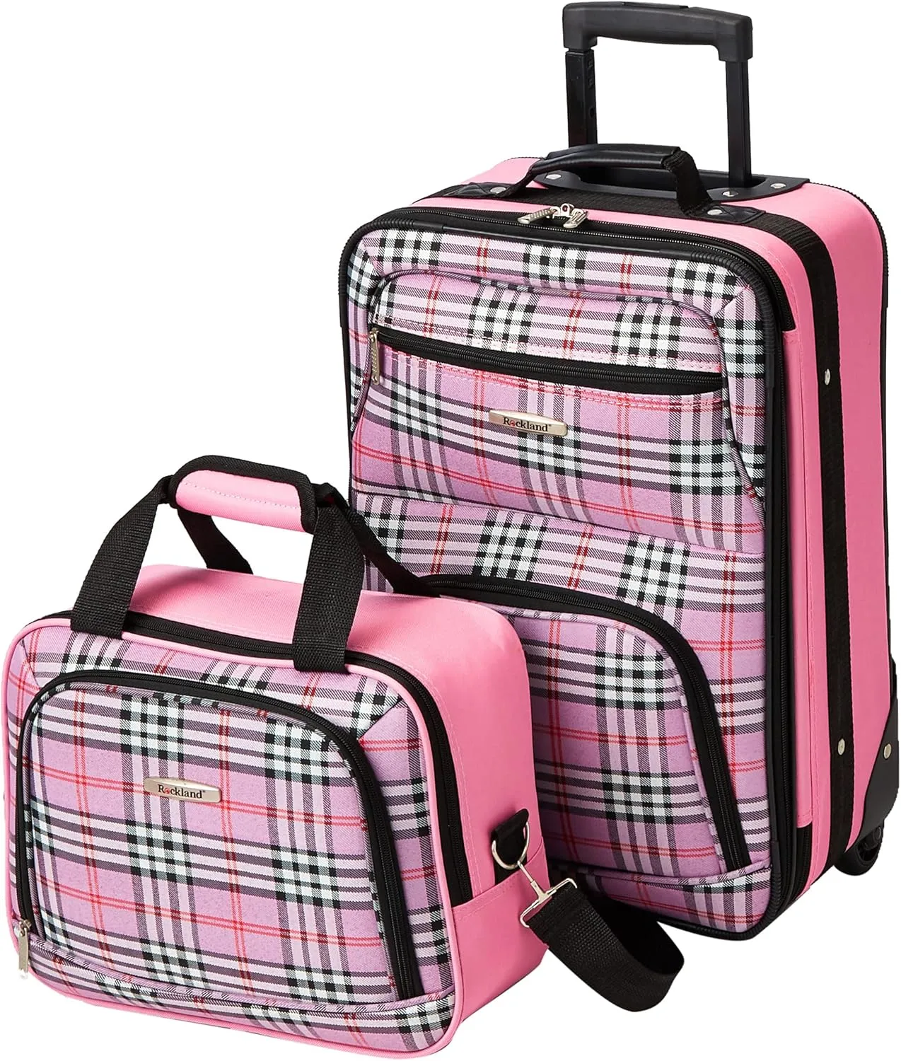 Rockland Fashion Softside Upright Luggage Set,Expandable,Lightweight,Telescopic Handle,Wheel, Pink Cross, 2-Piece Set (14/19)