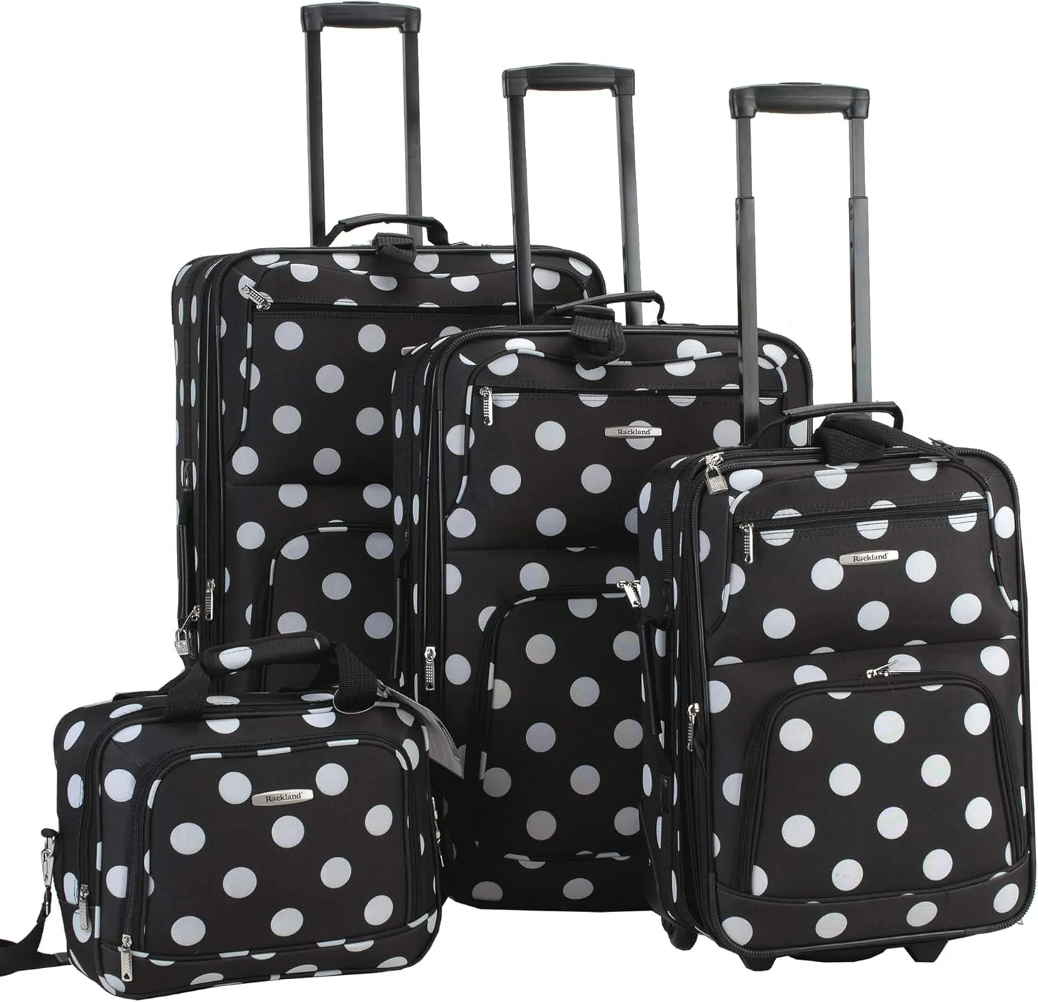 Rockland Polka Softside Upright Luggage Set, Expandable, Lightweight, Black Dot, 4-Piece (14/19/24/28)