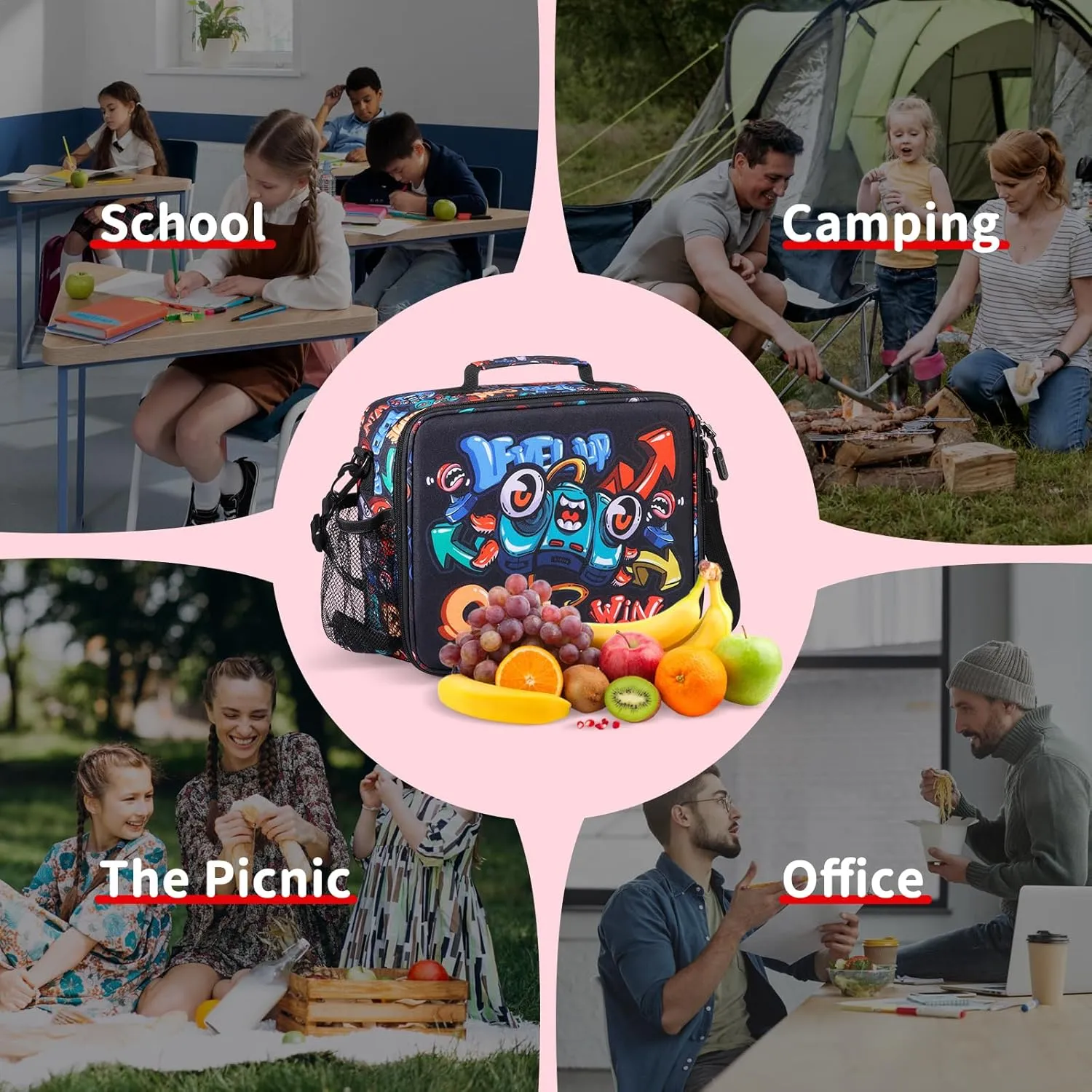 rockpapa Kids Lunch Bag for Kids with Strap, Waterproof, Stain & Oil-Resistant, Insulated LunchBag, Reusable Lunch Tote Bag Holds Lunch Box, Water Bottle & Snacks for School (Black Games)