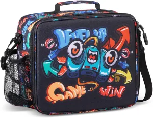 rockpapa Kids Lunch Bag for Kids with Strap, Waterproof, Stain & Oil-Resistant, Insulated LunchBag, Reusable Lunch Tote Bag Holds Lunch Box, Water Bottle & Snacks for School (Black Games)
