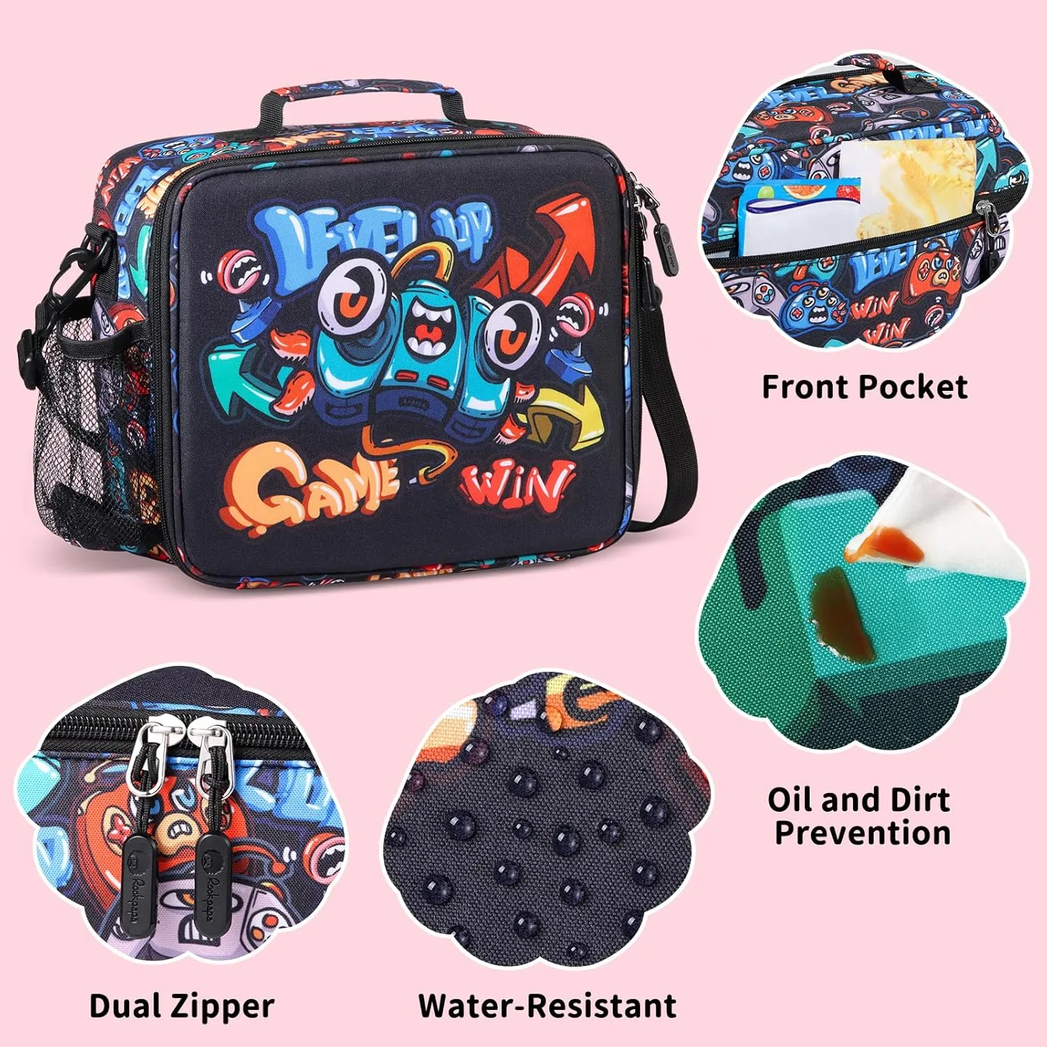 rockpapa Kids Lunch Bag for Kids with Strap, Waterproof, Stain & Oil-Resistant, Insulated LunchBag, Reusable Lunch Tote Bag Holds Lunch Box, Water Bottle & Snacks for School (Black Games)