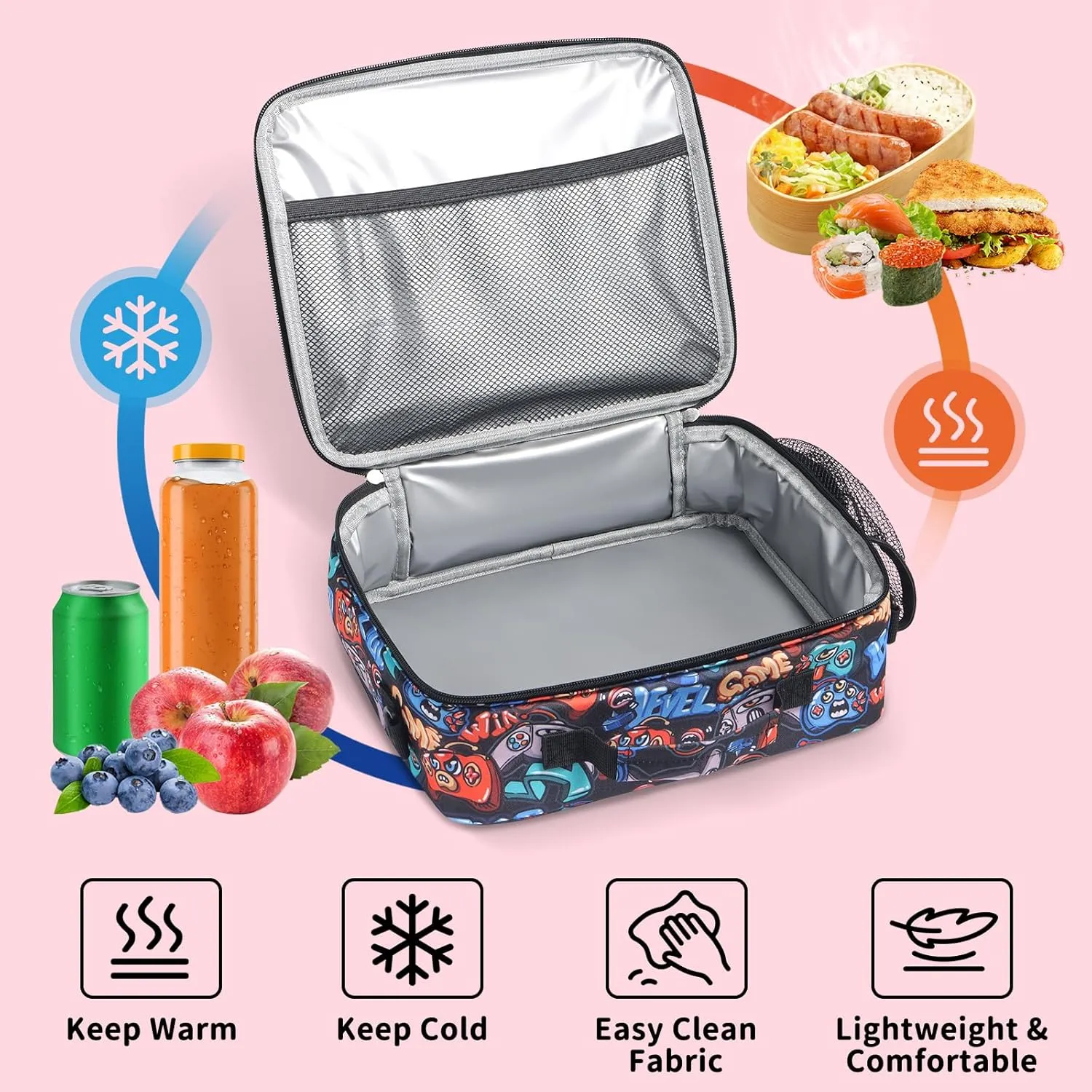 rockpapa Kids Lunch Bag for Kids with Strap, Waterproof, Stain & Oil-Resistant, Insulated LunchBag, Reusable Lunch Tote Bag Holds Lunch Box, Water Bottle & Snacks for School (Black Games)