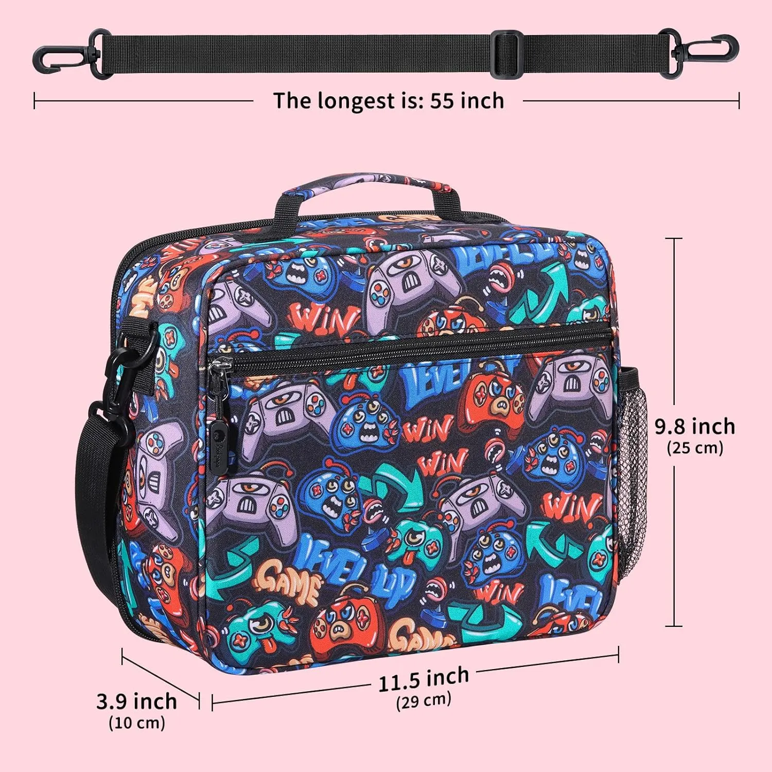 rockpapa Kids Lunch Bag for Kids with Strap, Waterproof, Stain & Oil-Resistant, Insulated LunchBag, Reusable Lunch Tote Bag Holds Lunch Box, Water Bottle & Snacks for School (Black Games)
