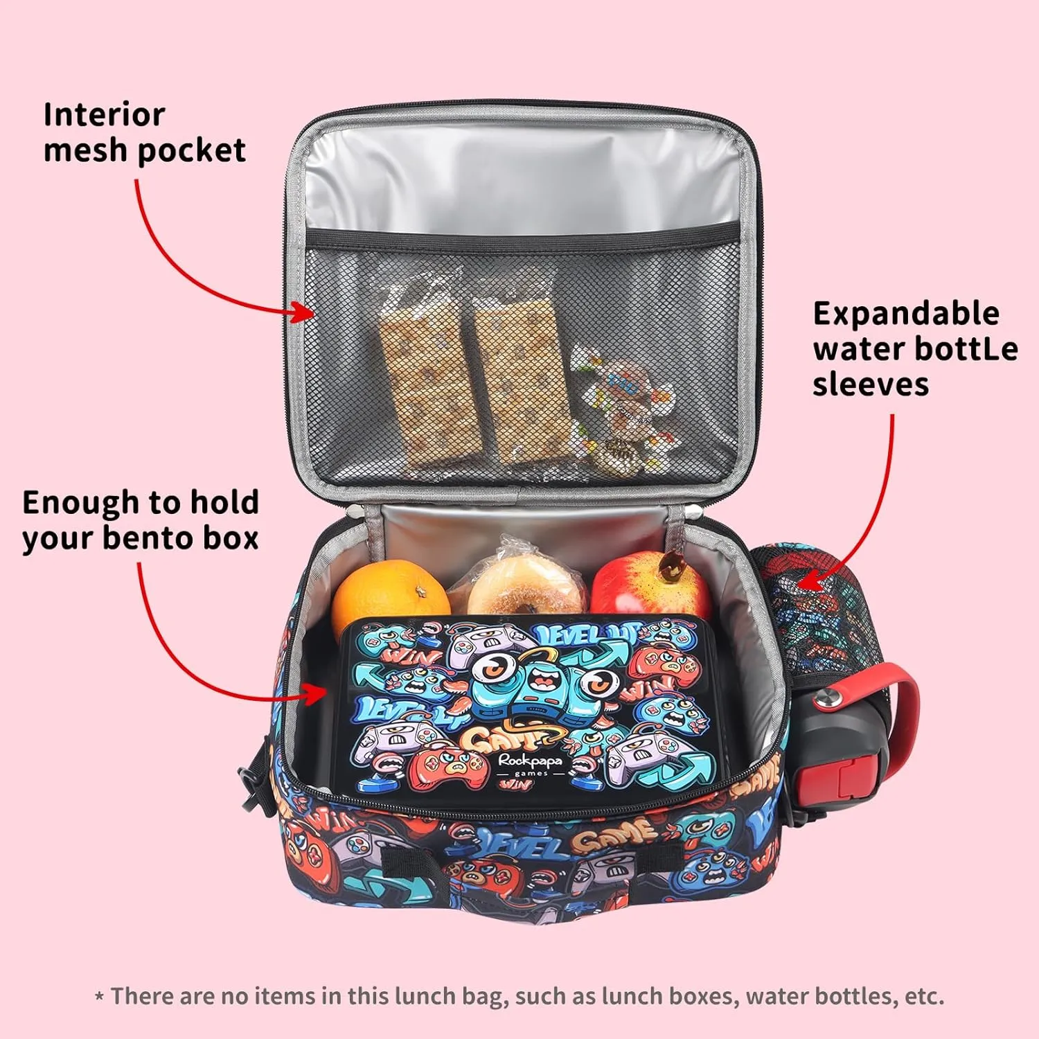 rockpapa Kids Lunch Bag for Kids with Strap, Waterproof, Stain & Oil-Resistant, Insulated LunchBag, Reusable Lunch Tote Bag Holds Lunch Box, Water Bottle & Snacks for School (Black Games)