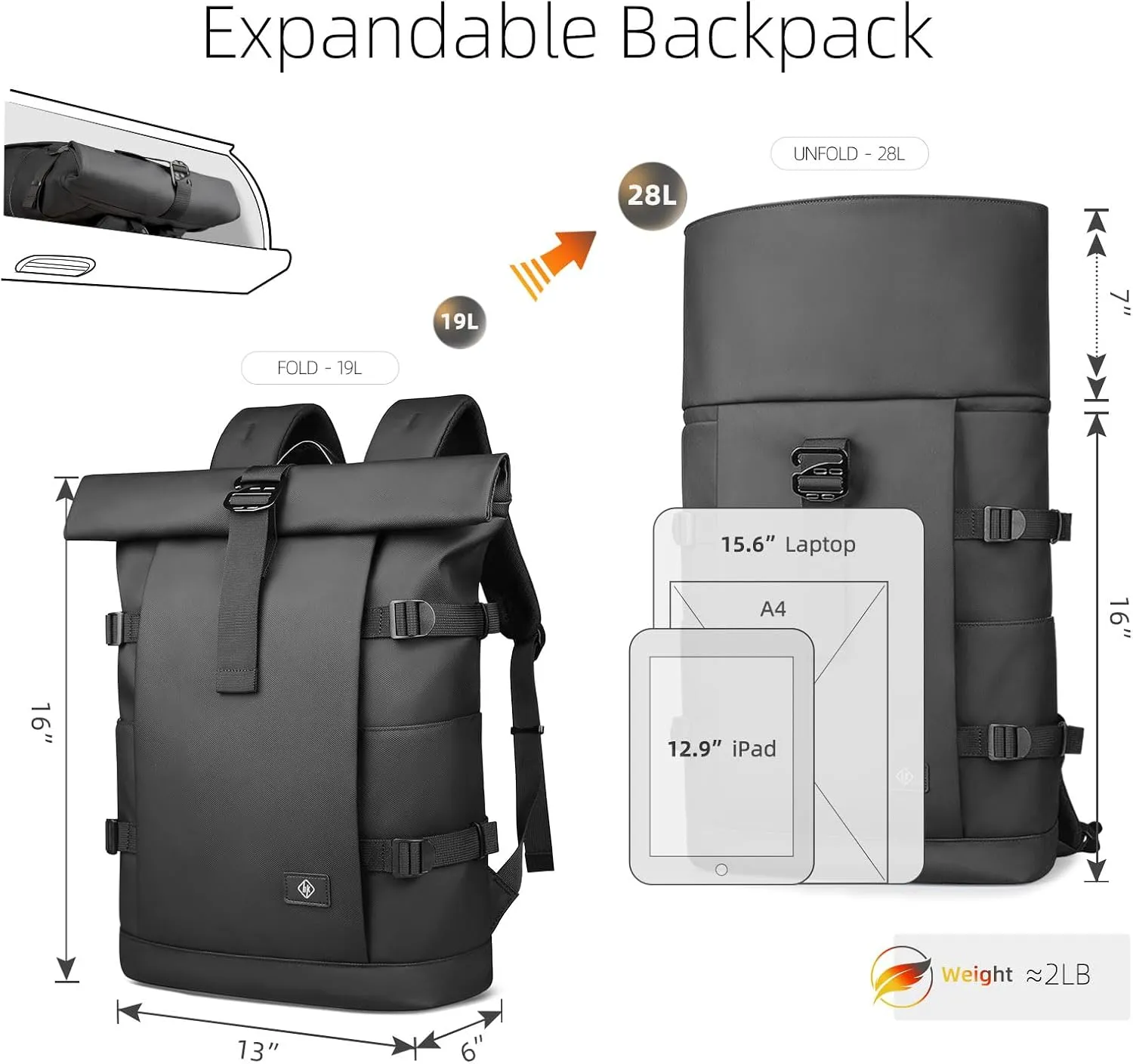 Roll Top Backpack Laptop Backpack for Men Women 15.6" Computer Bag Waterproof Business Travel Backpack for Work College, 19-28L Expandable Large Laptop Backpack Black