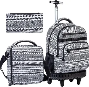 Rolling Backpack for Boys, 21 Inch Water Resistant Stripe Bookbag with Roller Wheels, Elementary Backpacks Sets for Teens Girls Students School - Black