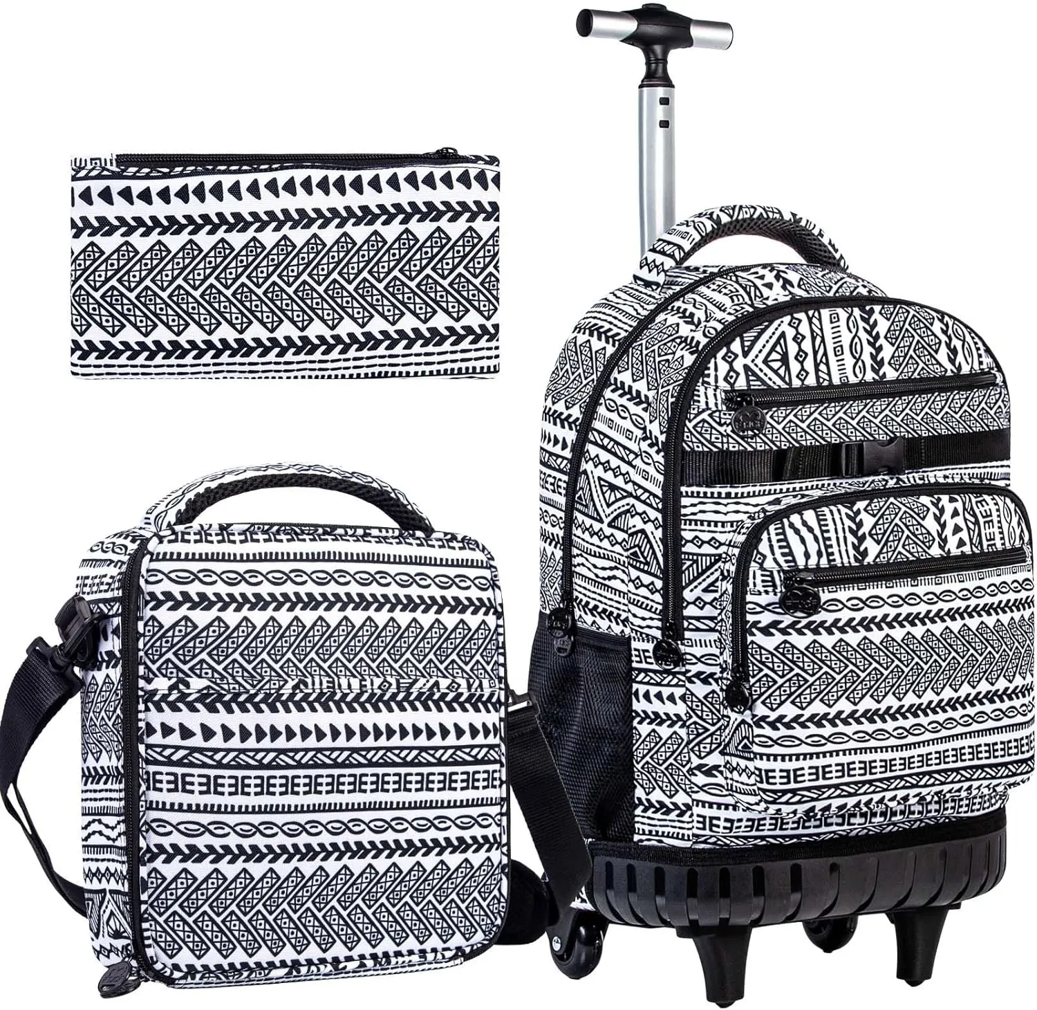 Rolling Backpack for Boys, 21 Inch Water Resistant Stripe Bookbag with Roller Wheels, Elementary Backpacks Sets for Teens Girls Students School - Black