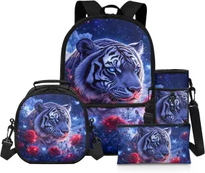 Rose Tiger Kids School Backpack for Boys 5th Grade 4-in-1 Teenage Backpacks for Boys Bookbag with Lunch Box Pencil Case Bottle Sleeve Lightweight Elementary School Bags for Kids