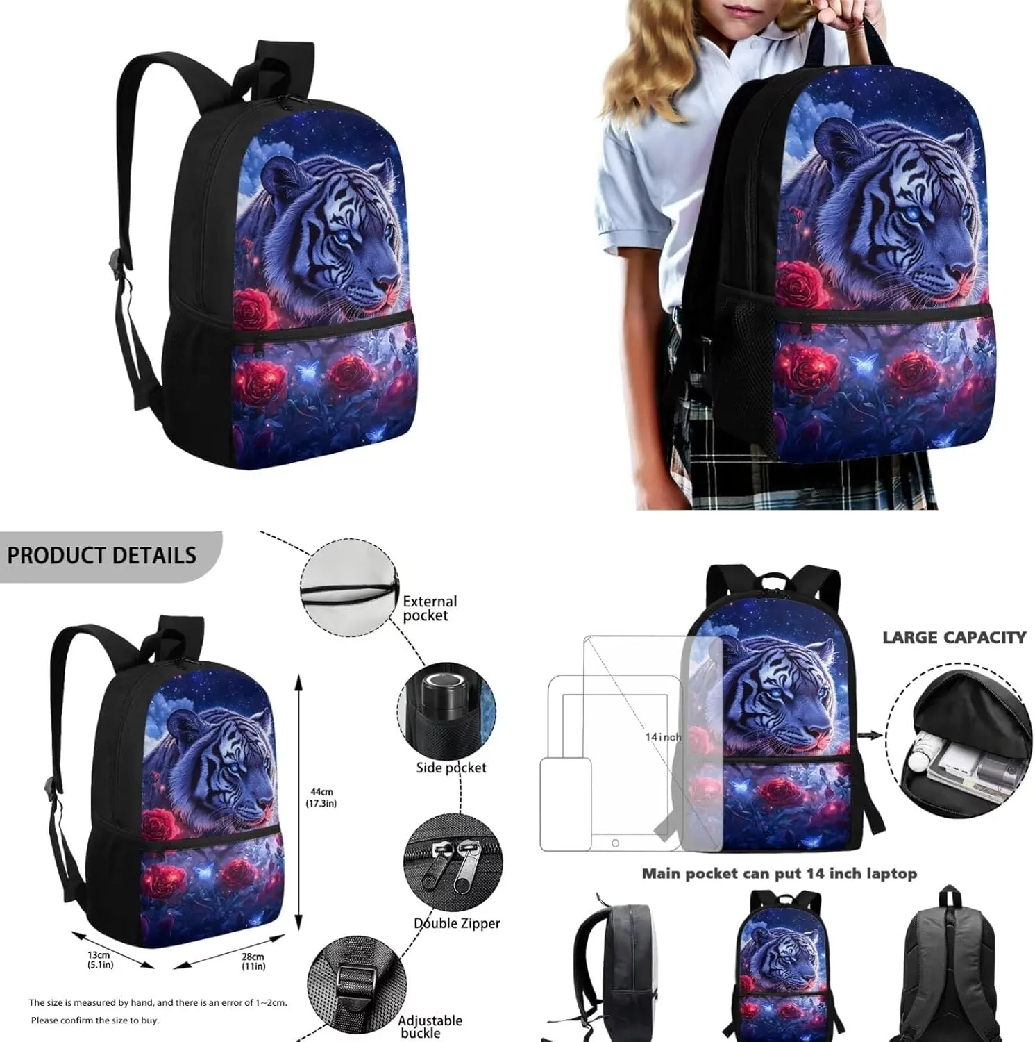 Rose Tiger Kids School Backpack for Boys 5th Grade 4-in-1 Teenage Backpacks for Boys Bookbag with Lunch Box Pencil Case Bottle Sleeve Lightweight Elementary School Bags for Kids