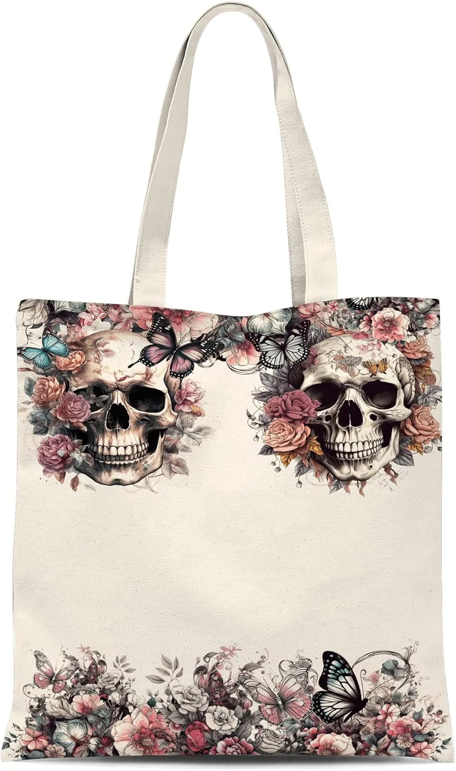 Roses and Skulls Canvas Bag,Shopping Bags for Groceries,Grocery Bags,Beach Bag,Canvas Tote Bag,Birthday Gift