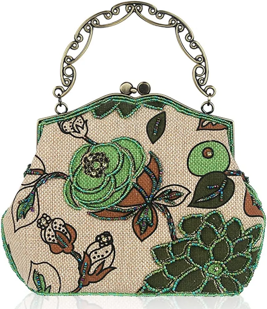 ROUROU Retro Hollow Handbag for Women Linen Shoulder Bag Evening Clutch Bag Kiss Lock Crossbody Bag Wedding Purse
