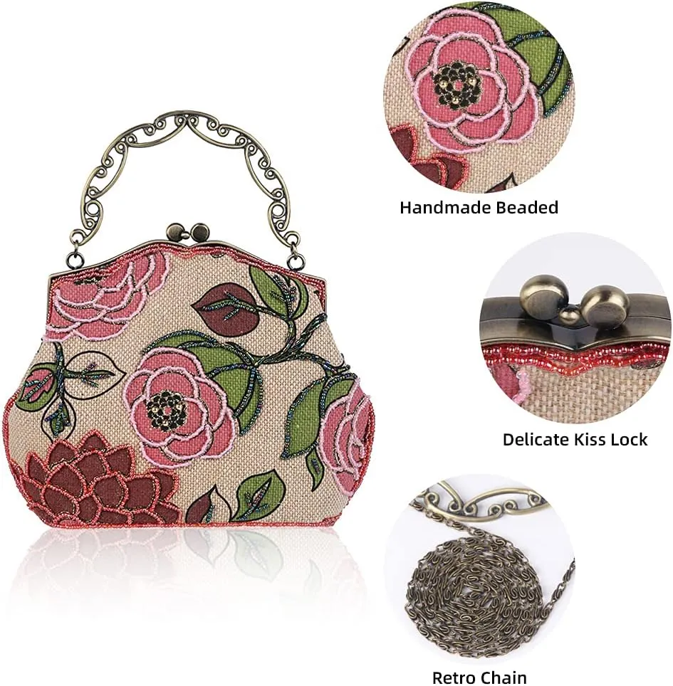 ROUROU Retro Hollow Handbag for Women Linen Shoulder Bag Evening Clutch Bag Kiss Lock Crossbody Bag Wedding Purse