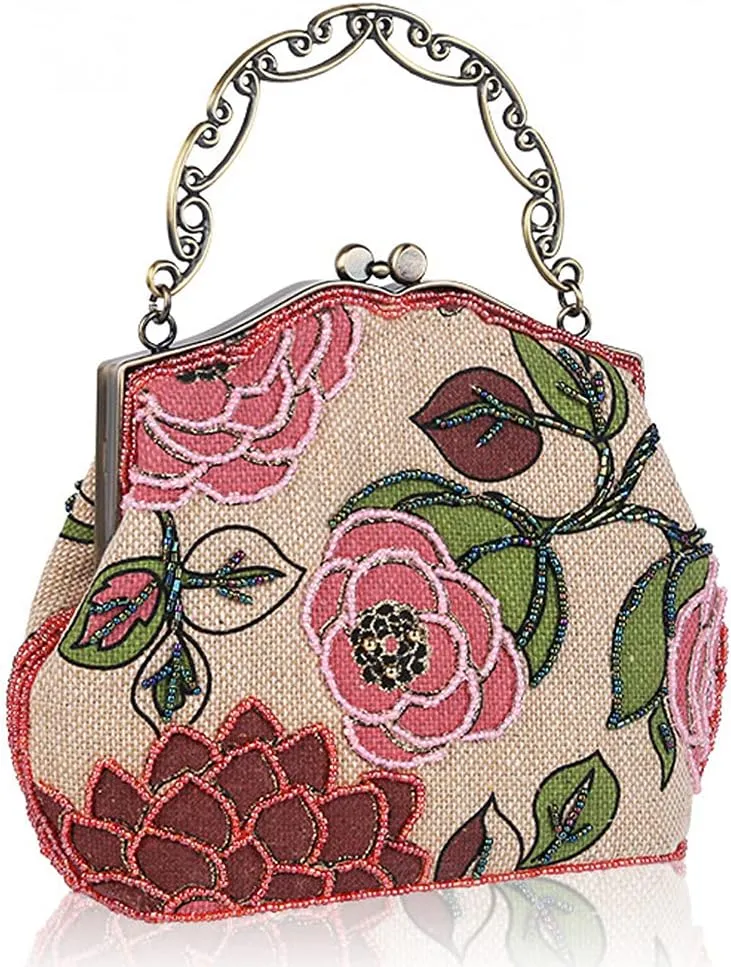 ROUROU Retro Hollow Handbag for Women Linen Shoulder Bag Evening Clutch Bag Kiss Lock Crossbody Bag Wedding Purse