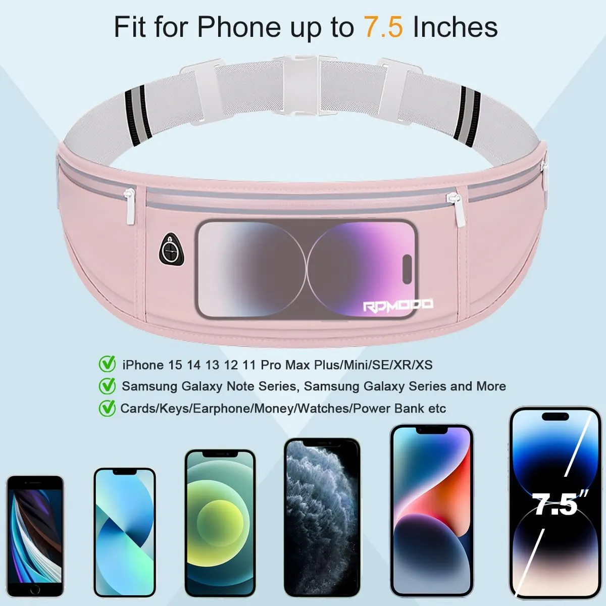 Running Belt Fanny Pack for Women，Water Resistant Large Capacity Waist Pack for iPhone 16 15 14 13 Samsung，Lightweight Running Phone Holder，Slim Money Belt Running Pouch for Hiking Outdoor Pink