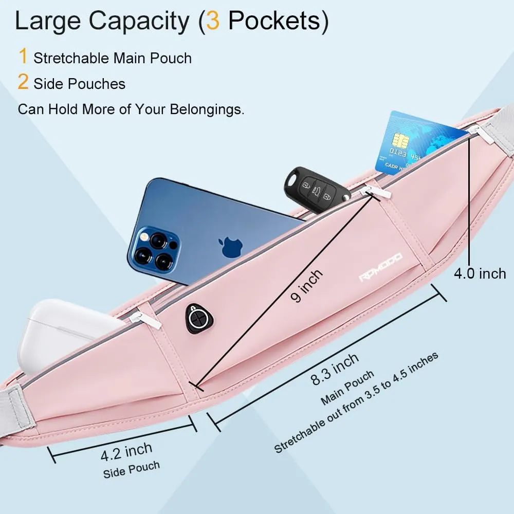 Running Belt Fanny Pack for Women，Water Resistant Large Capacity Waist Pack for iPhone 16 15 14 13 Samsung，Lightweight Running Phone Holder，Slim Money Belt Running Pouch for Hiking Outdoor Pink
