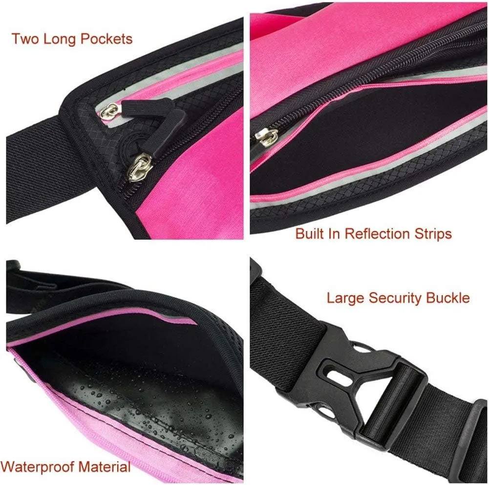 Running Belt Sport Waist Pack with Water Bottle Holder Hydration Belt Fanny Pack Reflective Stripes Cellphone Storage Earphone hole for Dog walker Hiking Travel (BLACK/PINK)