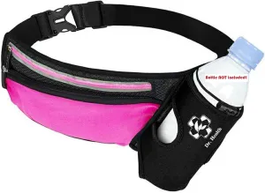 Running Belt Sport Waist Pack with Water Bottle Holder Hydration Belt Fanny Pack Reflective Stripes Cellphone Storage Earphone hole for Dog walker Hiking Travel (BLACK/PINK)