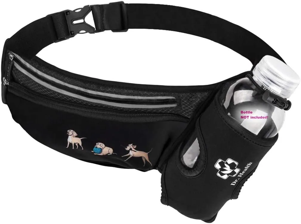 Running Belt Sport Waist Pack/Pouch w/Water Bottle Holder Hydration Fanny Pack Reflective Stripes Cellphone Storage Earphone hole for Dog walker Hiking Travel Adjustable (Black with Dog Prints)