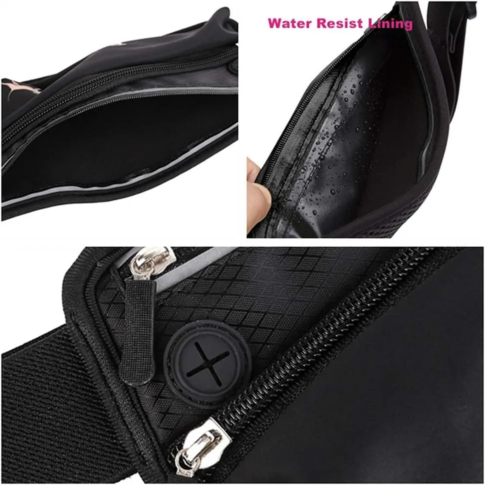 Running Belt Sport Waist Pack/Pouch w/Water Bottle Holder Hydration Fanny Pack Reflective Stripes Cellphone Storage Earphone hole for Dog walker Hiking Travel Adjustable (Black with Dog Prints)