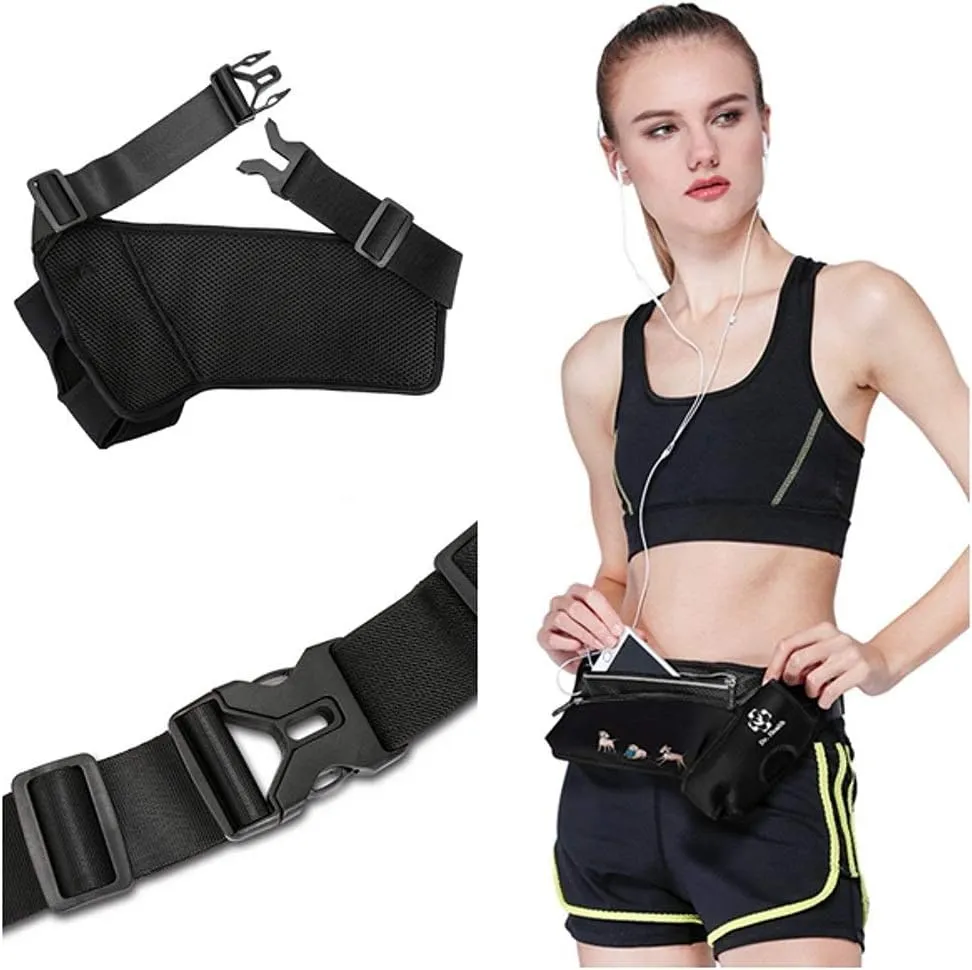 Running Belt Sport Waist Pack/Pouch w/Water Bottle Holder Hydration Fanny Pack Reflective Stripes Cellphone Storage Earphone hole for Dog walker Hiking Travel Adjustable (Black with Dog Prints)