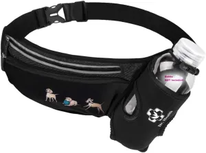 Running Belt Sport Waist Pack/Pouch w/Water Bottle Holder Hydration Fanny Pack Reflective Stripes Cellphone Storage Earphone hole for Dog walker Hiking Travel Adjustable (Black with Dog Prints)