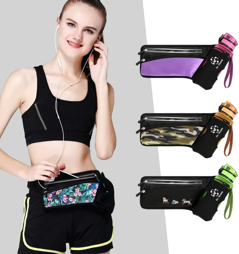 Running Belt Sport Waist Pack/Pouch w/Water Bottle Holder Hydration Fanny Pack Reflective Stripes Cellphone Storage Earphone hole for Dog walker Hiking Travel Adjustable (Black with Dog Prints)