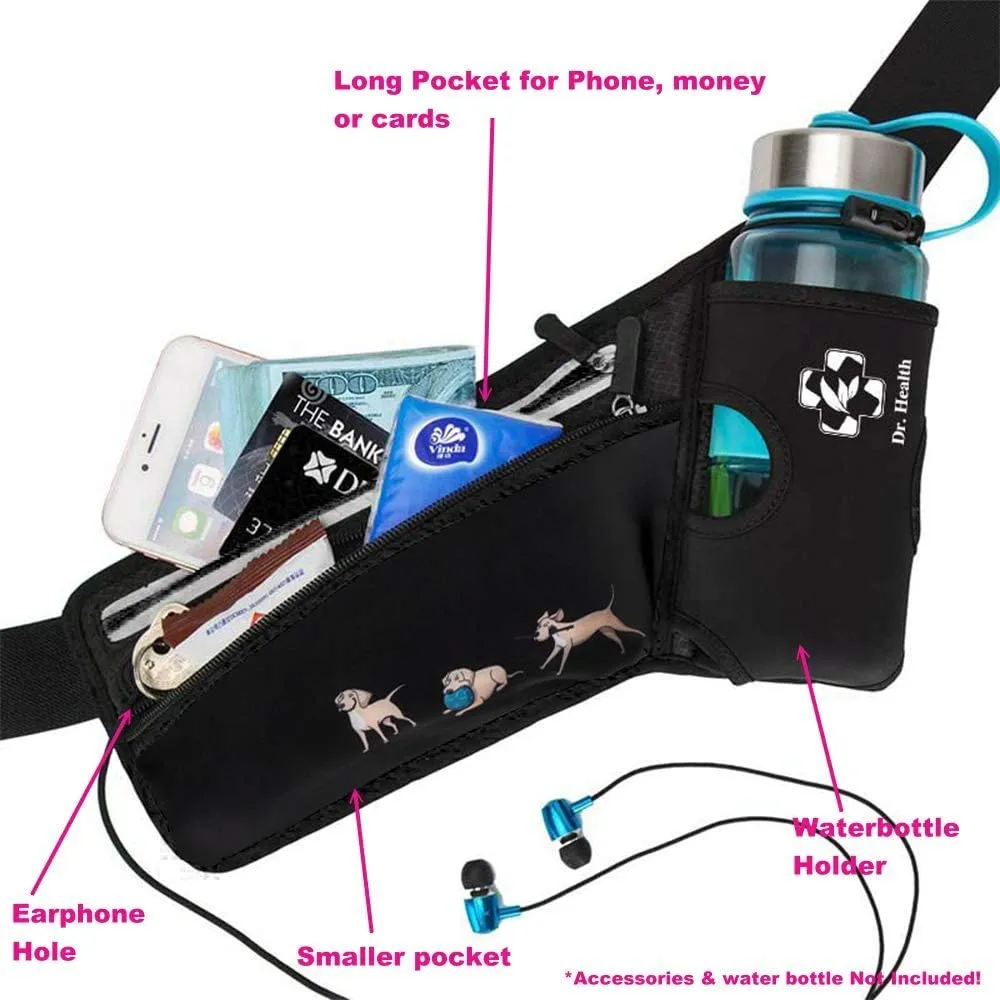 Running Belt Sport Waist Pack/Pouch w/Water Bottle Holder Hydration Fanny Pack Reflective Stripes Cellphone Storage Earphone hole for Dog walker Hiking Travel Adjustable (Black with Dog Prints)