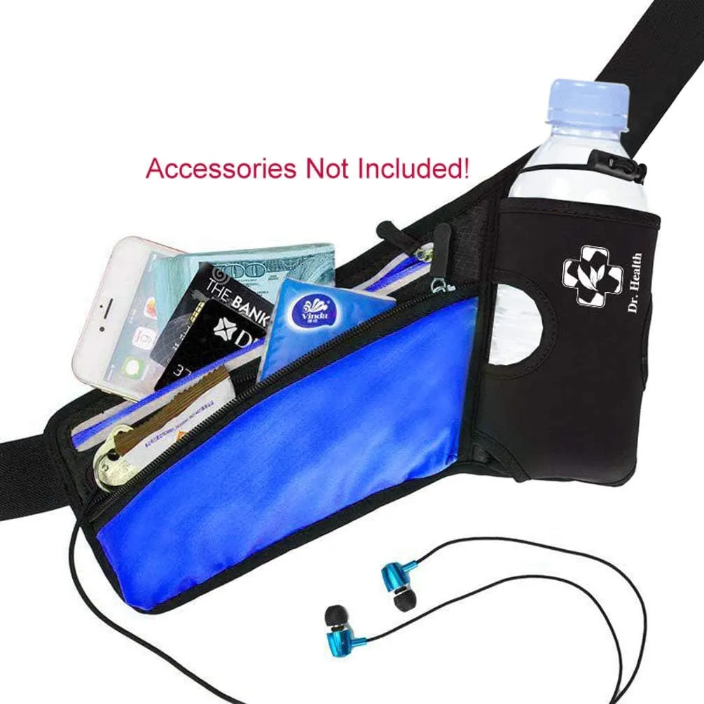 Running Belt Sport Waist Pack/Pouch w/Water Bottle Holder Hydration Fanny Pack Reflective Stripes Cellphone Storage Earphone hole for Dog walker Hiking Travel Adjustable Women/Men (BLACK/Royal Blue)