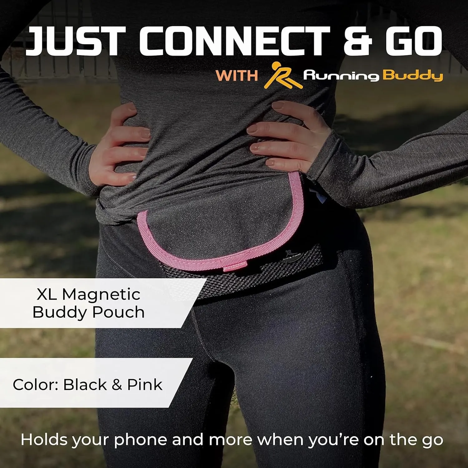 Running Buddy Magnetic Buddy Pouch, Beltess, Chafe and Bounce Free, Runners Fanny Pack, Phone Holder, Great for Running, Walking, Traveling & More, For Men & Women - 6-3/4” L x 4” W - Black and Pink