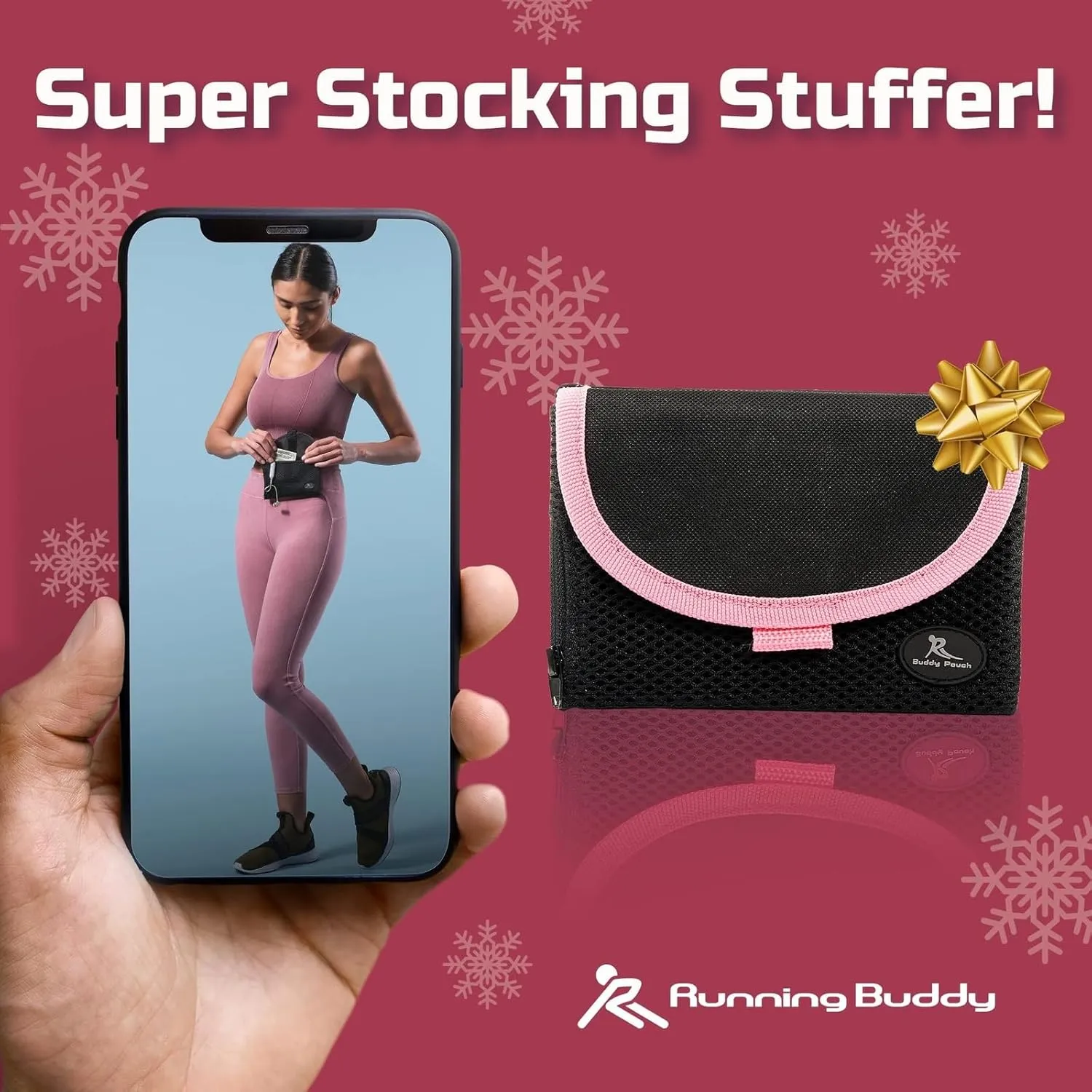 Running Buddy Magnetic Buddy Pouch, Beltess, Chafe and Bounce Free, Runners Fanny Pack, Phone Holder, Great for Running, Walking, Traveling & More, For Men & Women - 6-3/4” L x 4” W - Black and Pink