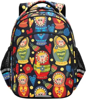 Russian Dolls Hearts Backpack for Kids Elementary School Bag Boys Girls Bookbag Travel Backpack Daypack