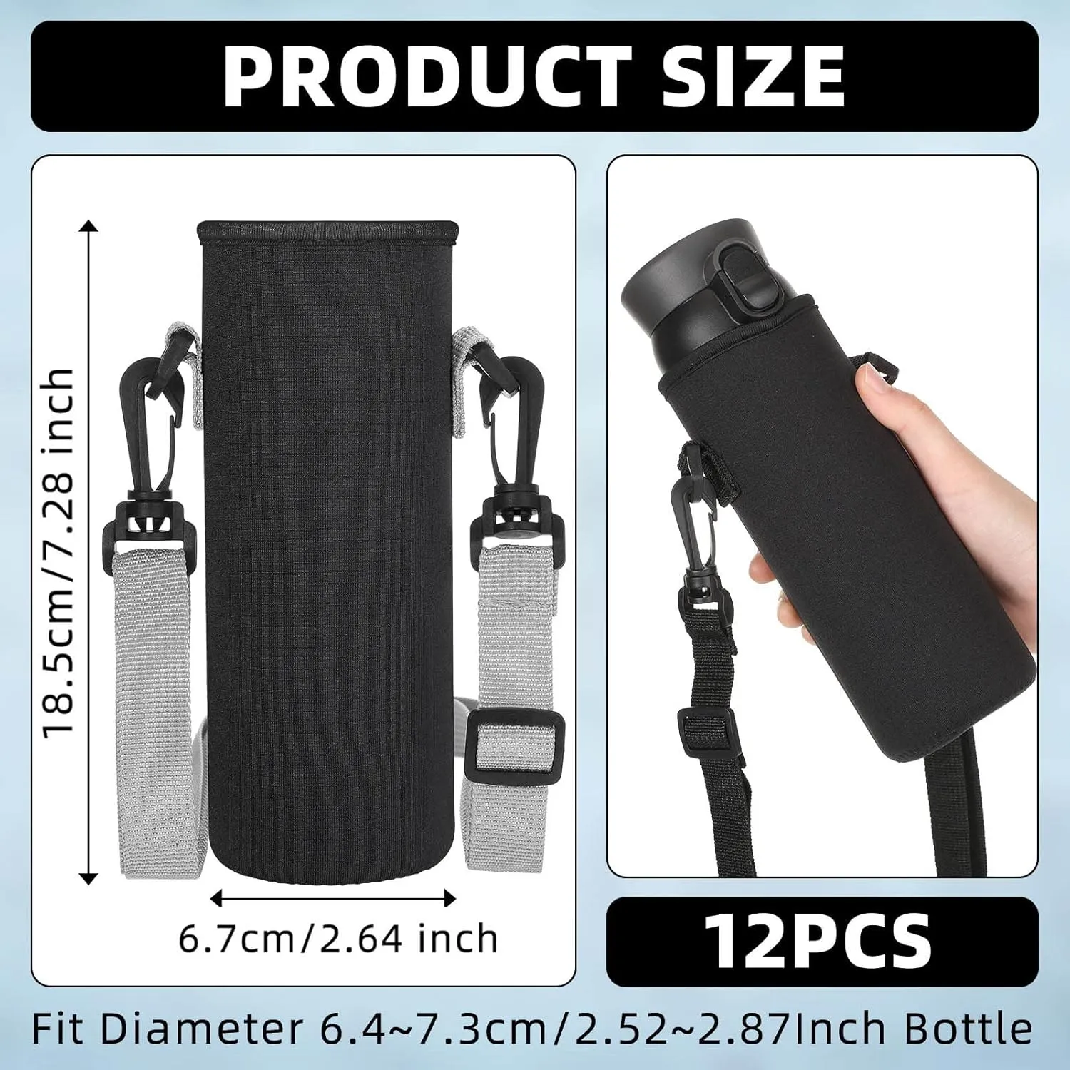 Sabary 12 Pcs Water Bottle Sleeve with Shoulder Strap 25oz Sublimation Water Bottle Holder Carrier Pouch Adjustable Sling Bag for Boys Girls(Black)