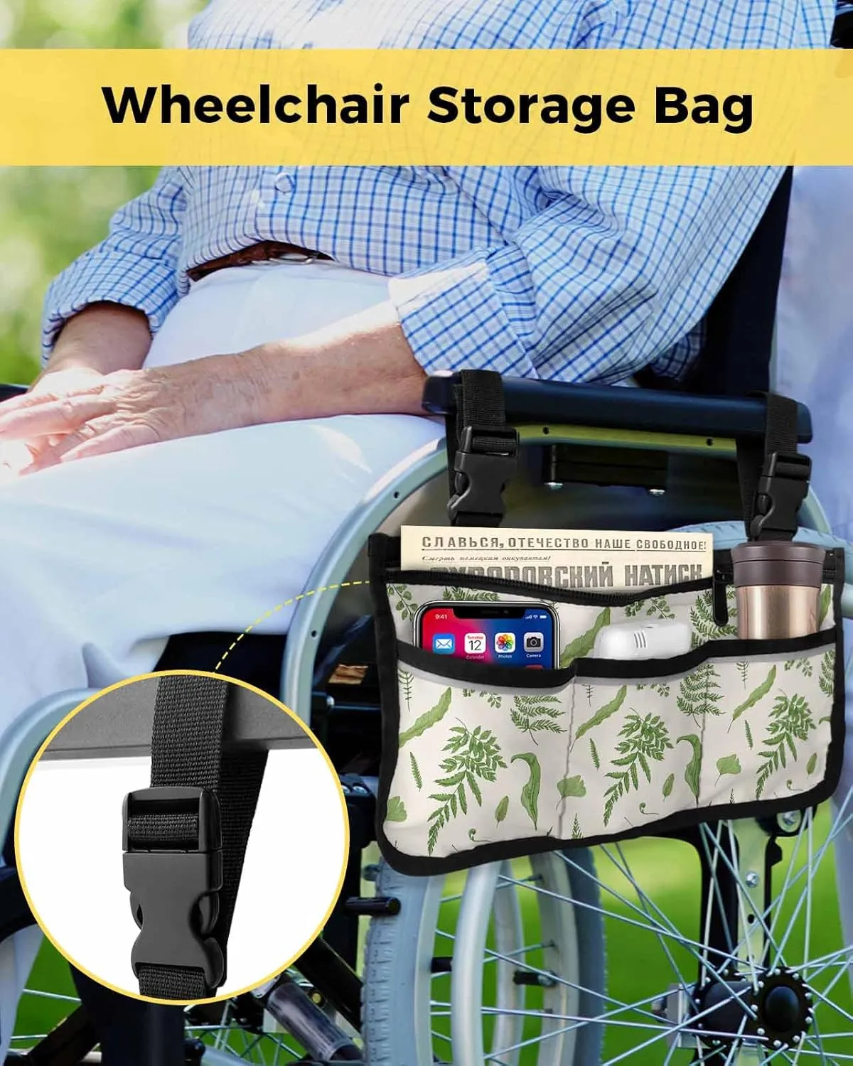 Sage Green Leaves Wheelchair Side Bag,Fern Plant Eucalyptus Nature Botanical Wheelchair Walker Armrest Bags with Cup Holder & Reflective Stripes,Mobility Scooter Walker Rollator Wheelchair Accessories