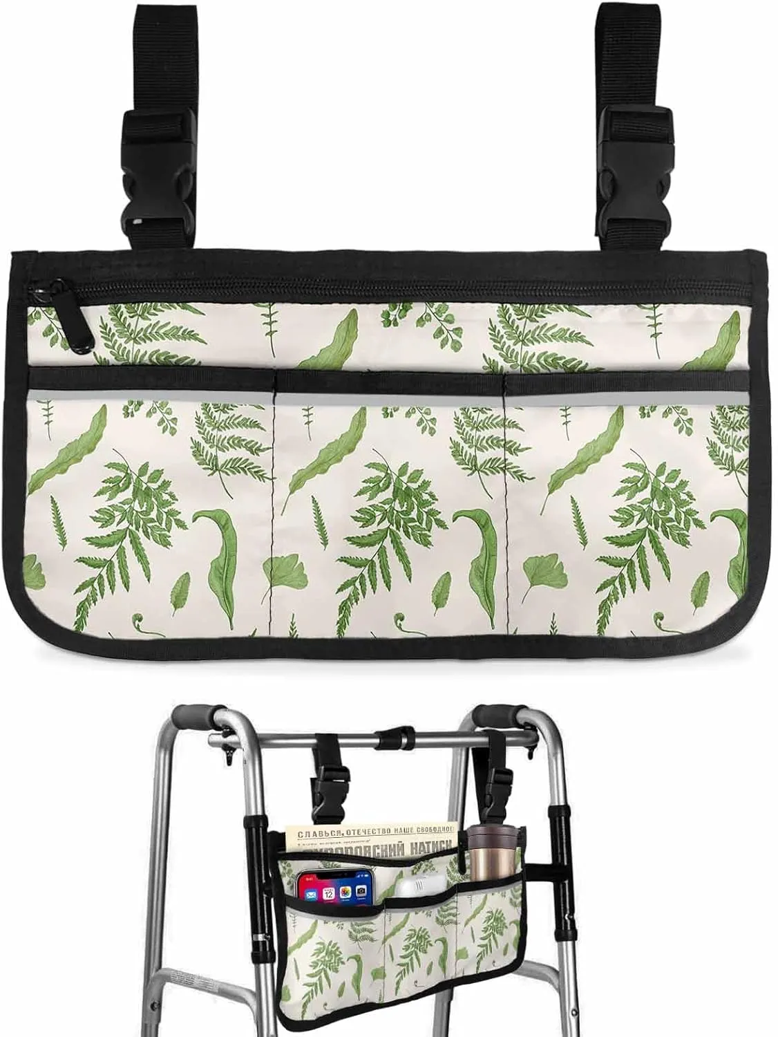 Sage Green Leaves Wheelchair Side Bag,Fern Plant Eucalyptus Nature Botanical Wheelchair Walker Armrest Bags with Cup Holder & Reflective Stripes,Mobility Scooter Walker Rollator Wheelchair Accessories