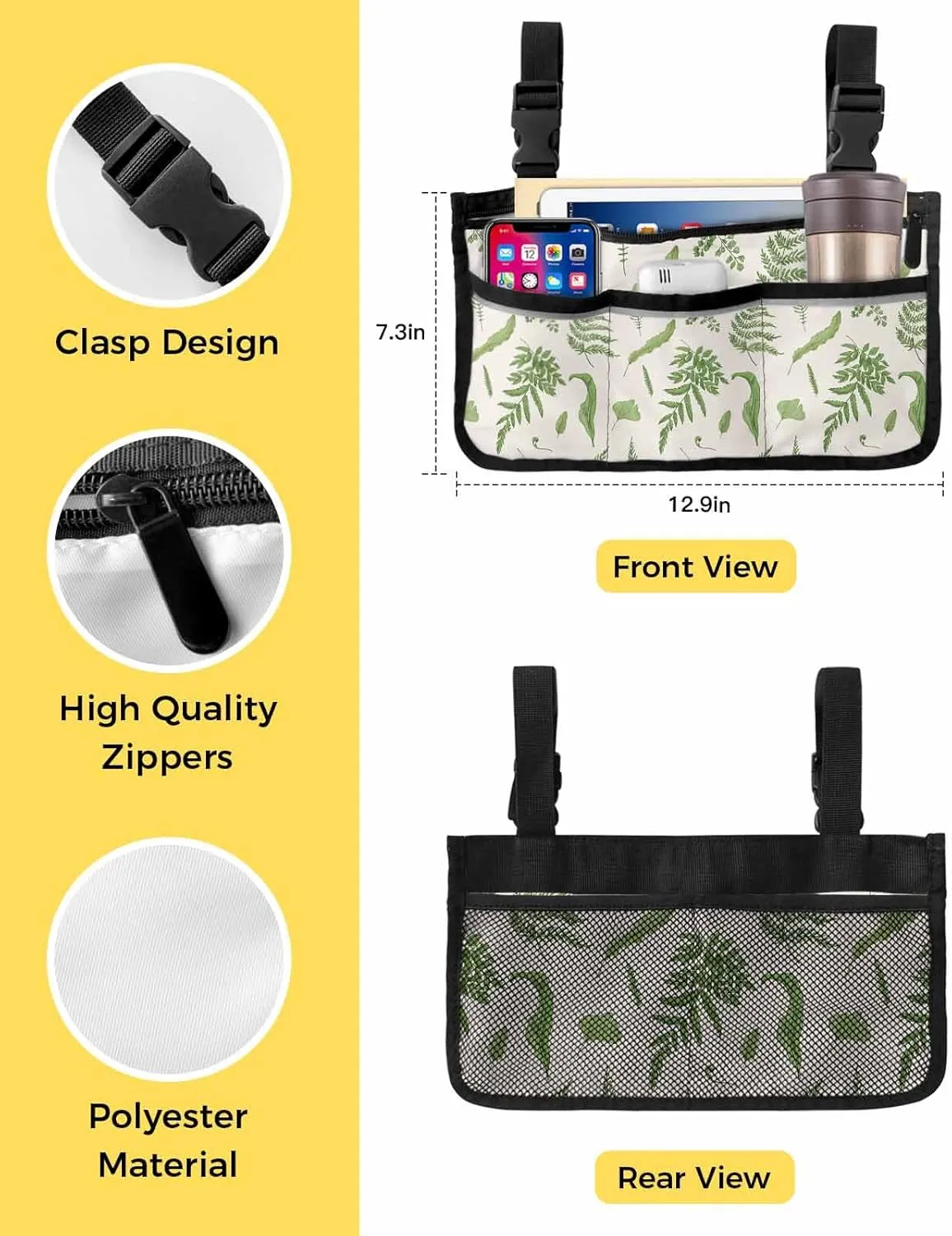 Sage Green Leaves Wheelchair Side Bag,Fern Plant Eucalyptus Nature Botanical Wheelchair Walker Armrest Bags with Cup Holder & Reflective Stripes,Mobility Scooter Walker Rollator Wheelchair Accessories
