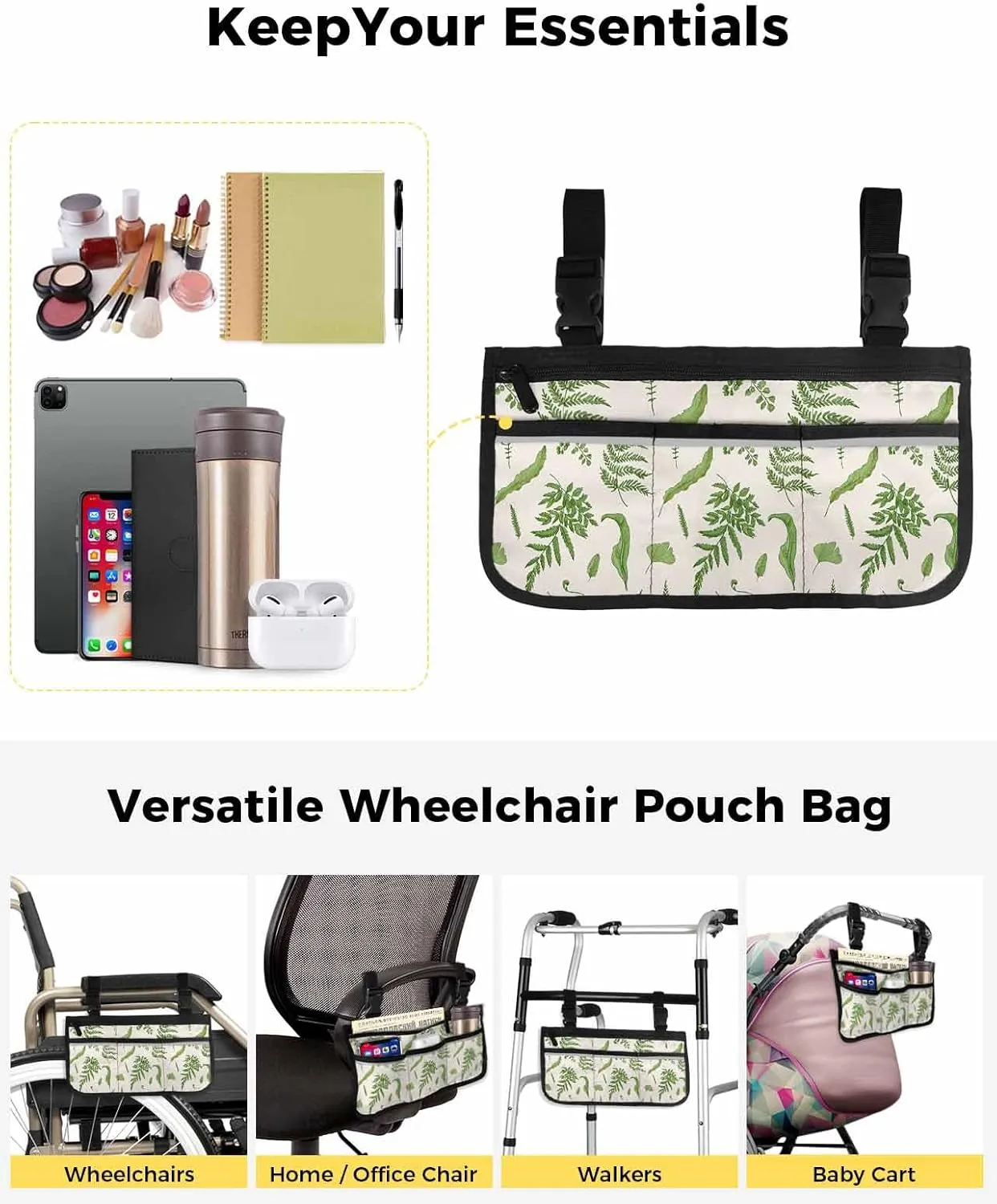 Sage Green Leaves Wheelchair Side Bag,Fern Plant Eucalyptus Nature Botanical Wheelchair Walker Armrest Bags with Cup Holder & Reflective Stripes,Mobility Scooter Walker Rollator Wheelchair Accessories