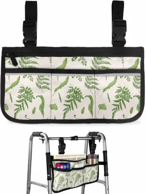 Sage Green Leaves Wheelchair Side Bag,Fern Plant Eucalyptus Nature Botanical Wheelchair Walker Armrest Bags with Cup Holder & Reflective Stripes,Mobility Scooter Walker Rollator Wheelchair Accessories