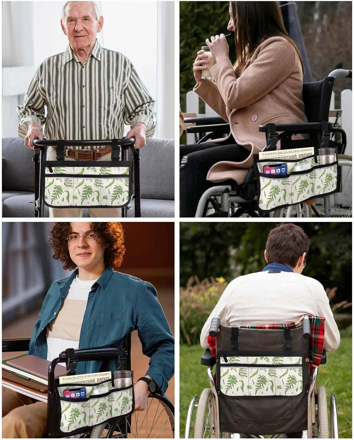 Sage Green Leaves Wheelchair Side Bag,Fern Plant Eucalyptus Nature Botanical Wheelchair Walker Armrest Bags with Cup Holder & Reflective Stripes,Mobility Scooter Walker Rollator Wheelchair Accessories