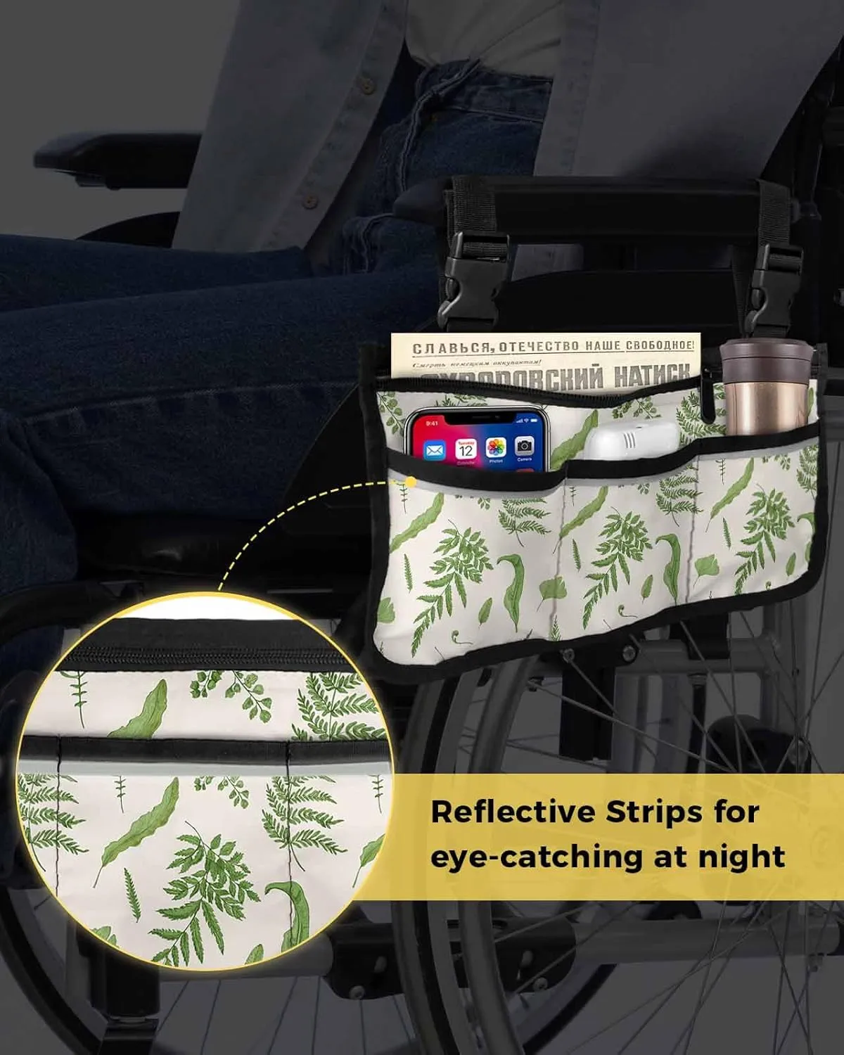 Sage Green Leaves Wheelchair Side Bag,Fern Plant Eucalyptus Nature Botanical Wheelchair Walker Armrest Bags with Cup Holder & Reflective Stripes,Mobility Scooter Walker Rollator Wheelchair Accessories