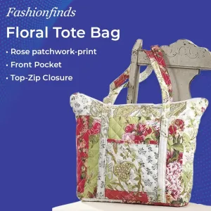 SAGEFINDS Floral Tote Bag, Patchwork Quilted Shoulder Purse for Women, Top Zip Closure, Lightweight Handbag with Pocket