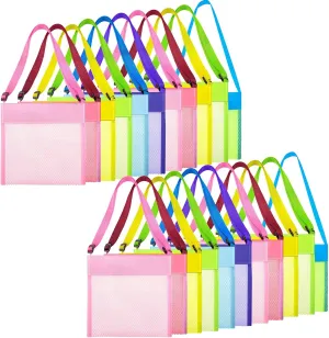 Saintrygo 30 Set Mesh Beach Bag Bulk Colorful Seashell Collecting Shell Bag Adjustable Carrying Strap for Kids(Solid Style)