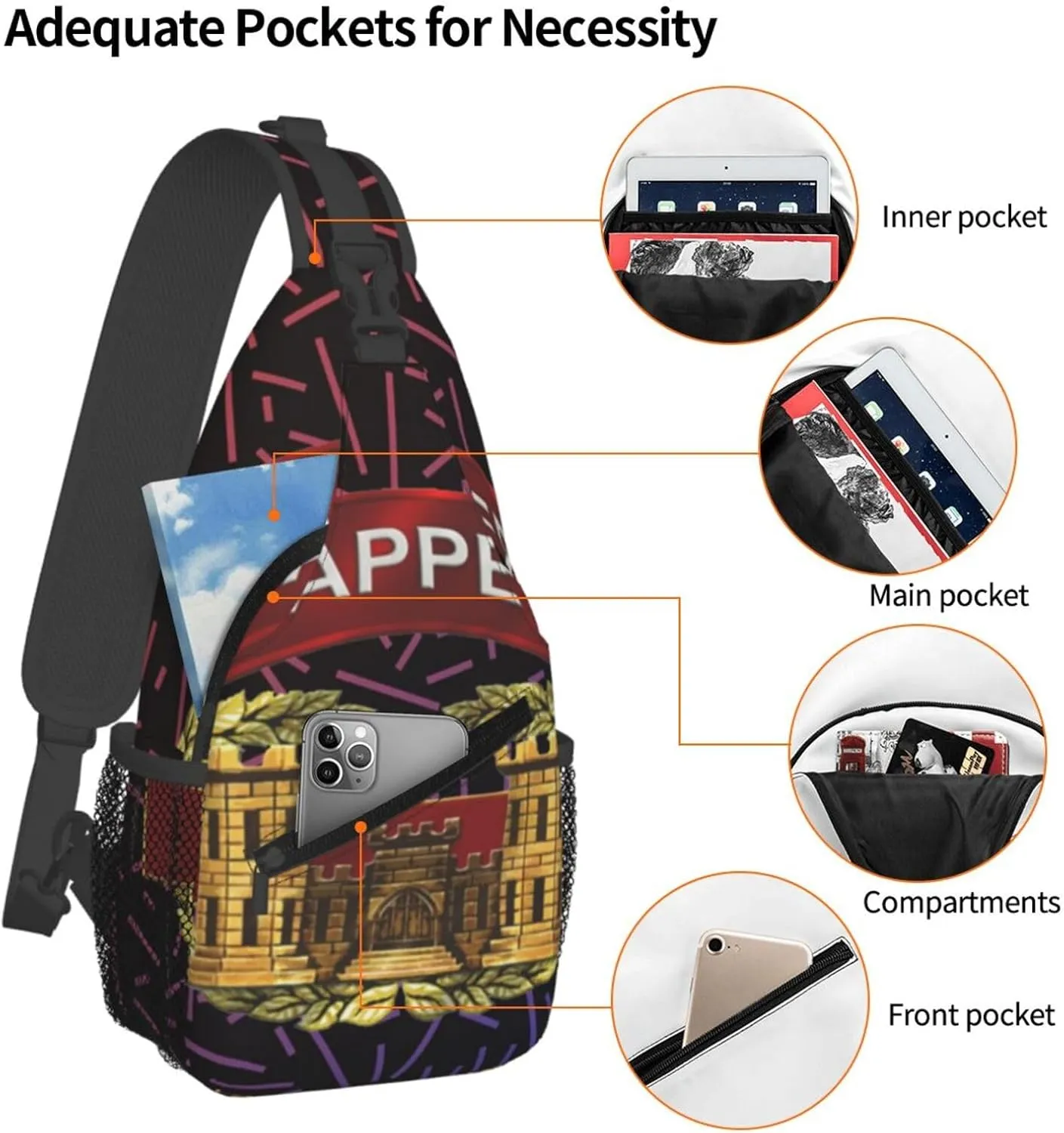 Sapper Tab W Combat Engineer Badge Crossbody For Men Women Sling Chest Bag Shoulder Bag Lightweight One Strap Backpack Multipurpose Travel Hiking Daypack