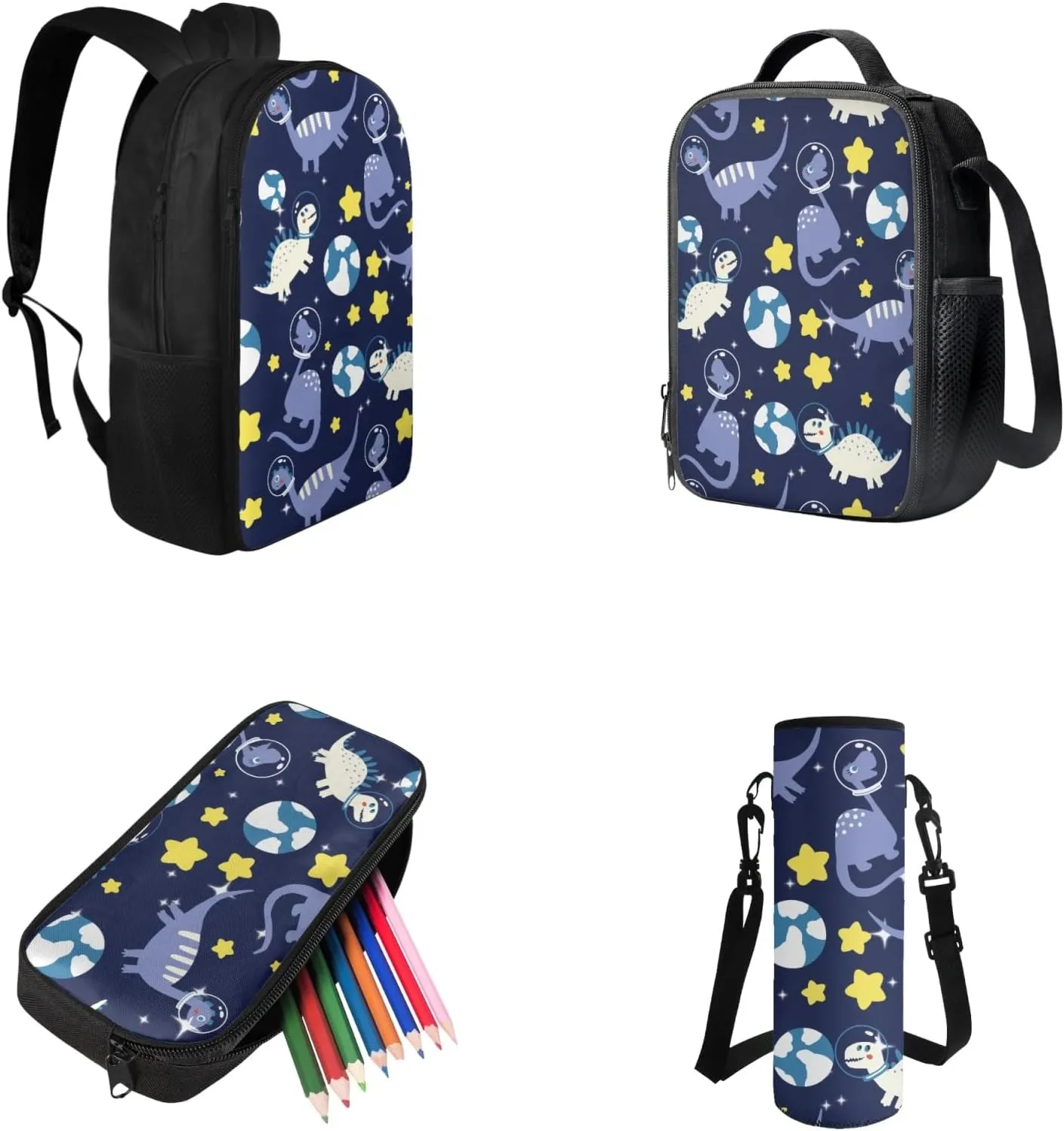 School Backpack Dinosaur, Backpacks for 3rd Grade Boys Back to School 4 PCS Set Pencil Case and Water Bottle Holder Lunch Bag Art Study Supplies for Kids Back to School