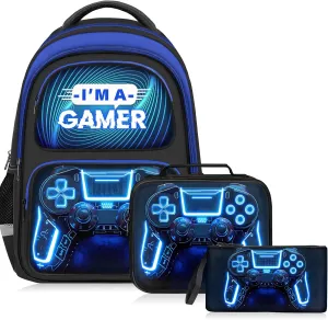 School Backpack for Boys - 3pcs Gamer Boys Backpack with Lunch Box Set for Kids Teens Elementary Middle School - 17″ Video Game Bookbag Travel Back Pack for Age 6-18