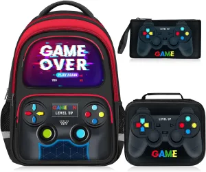 School Backpack for Boys - 3pcs Gamer Boys Backpack with Lunch Box Set for Kids Teens Elementary Middle School - 17″ Video Game Bookbag Travel Back Pack for Age 6-18