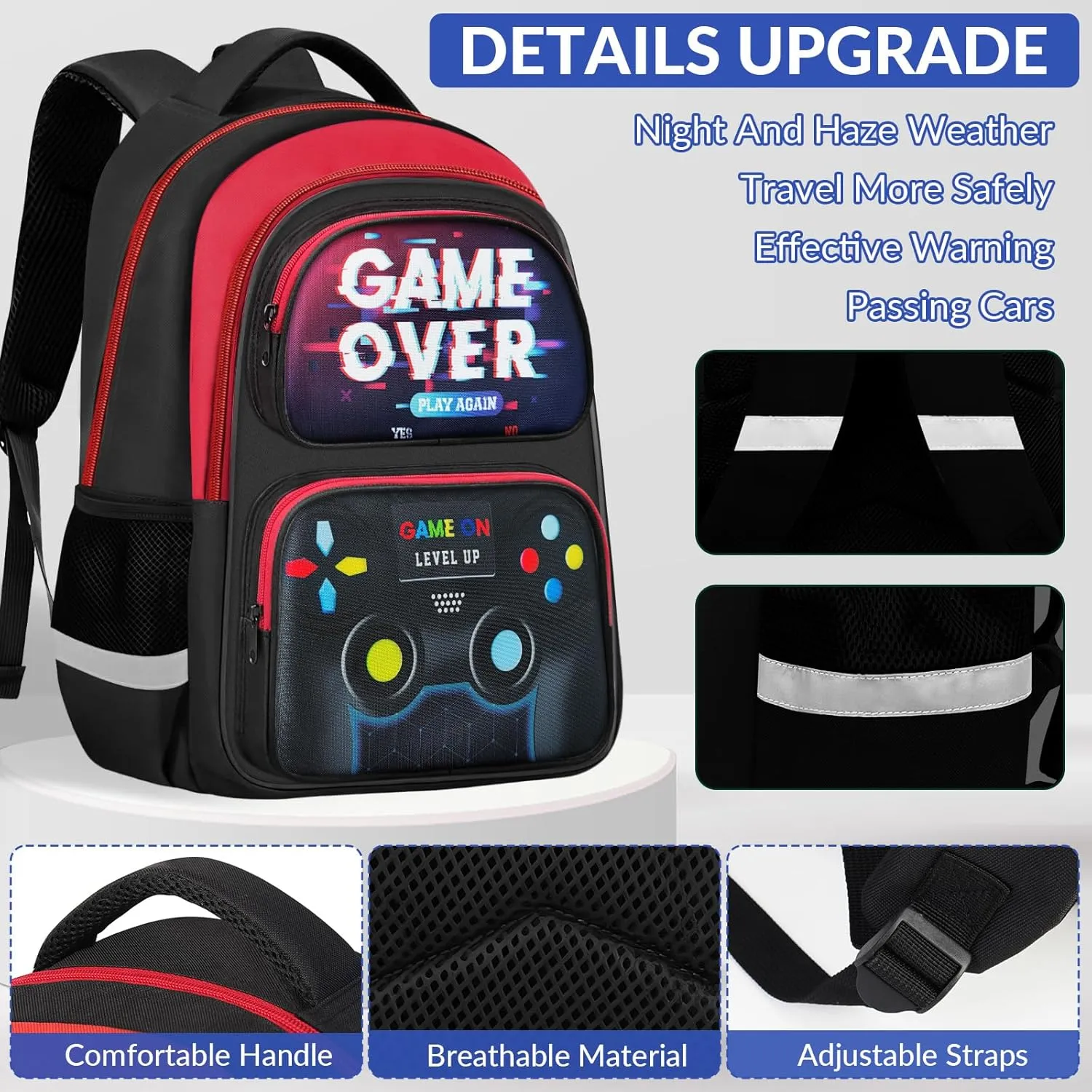 School Backpack for Boys - 3pcs Gamer Boys Backpack with Lunch Box Set for Kids Teens Elementary Middle School - 17″ Video Game Bookbag Travel Back Pack for Age 6-18