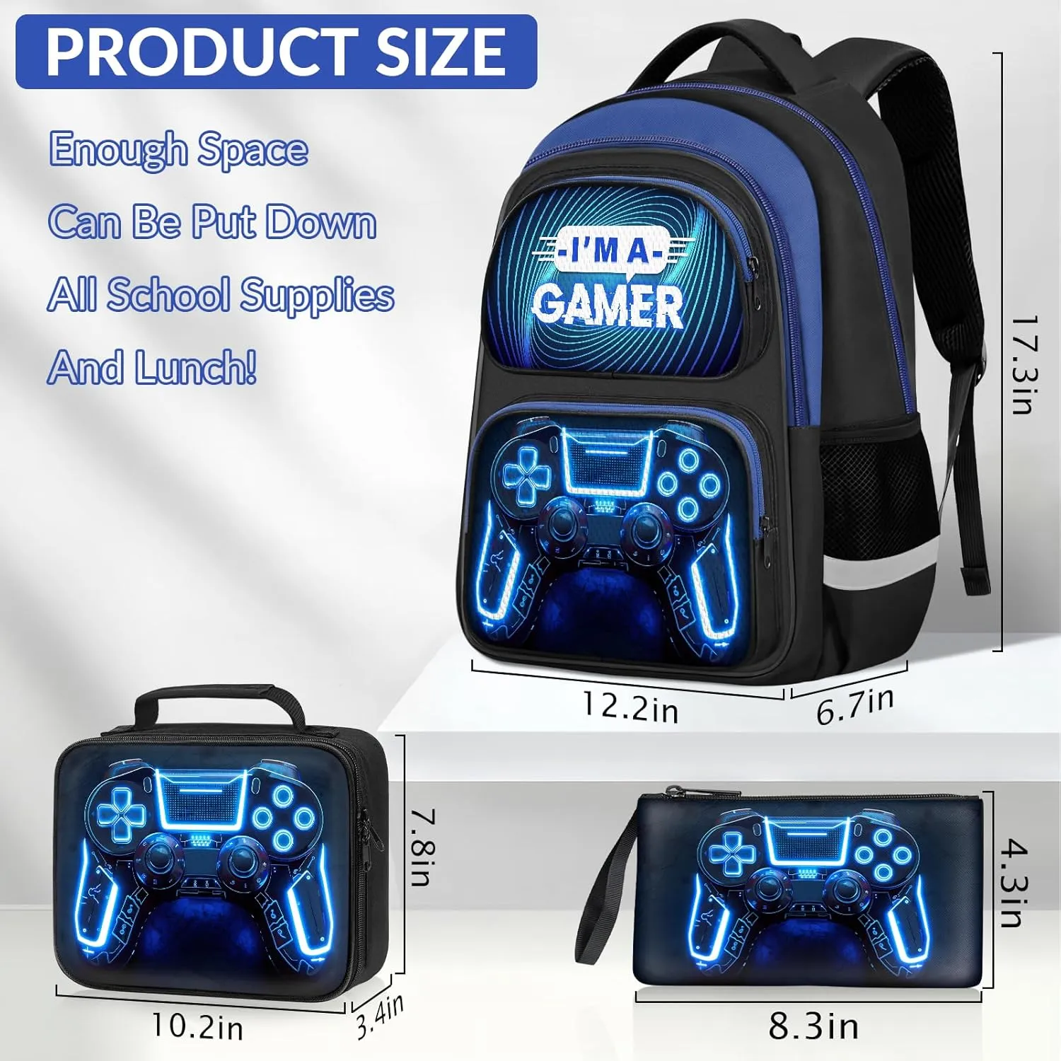 School Backpack for Boys - 3pcs Gamer Boys Backpack with Lunch Box Set for Kids Teens Elementary Middle School - 17″ Video Game Bookbag Travel Back Pack for Age 6-18