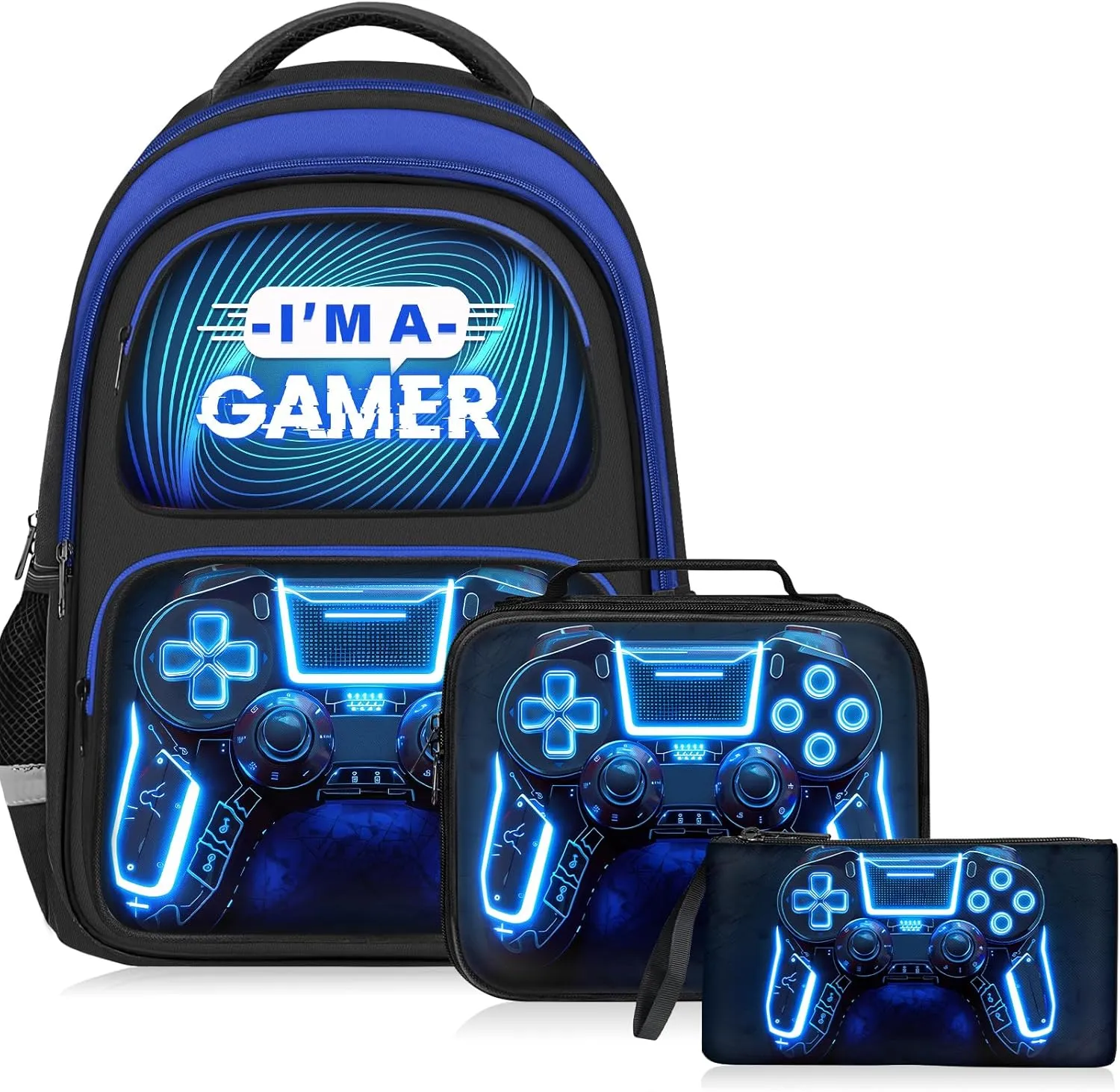 School Backpack for Boys - 3pcs Gamer Boys Backpack with Lunch Box Set for Kids Teens Elementary Middle School - 17″ Video Game Bookbag Travel Back Pack for Age 6-18